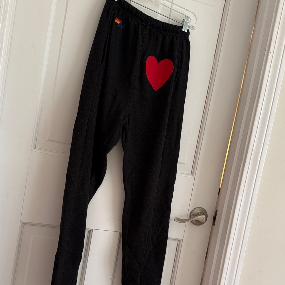 Aviator Nation Black Track Pants with Red Heart Detail